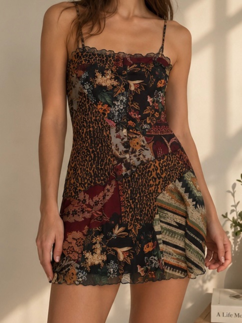 Urban Outfitters Black Multi Patchwork Floral & Leopard Mini Dress
